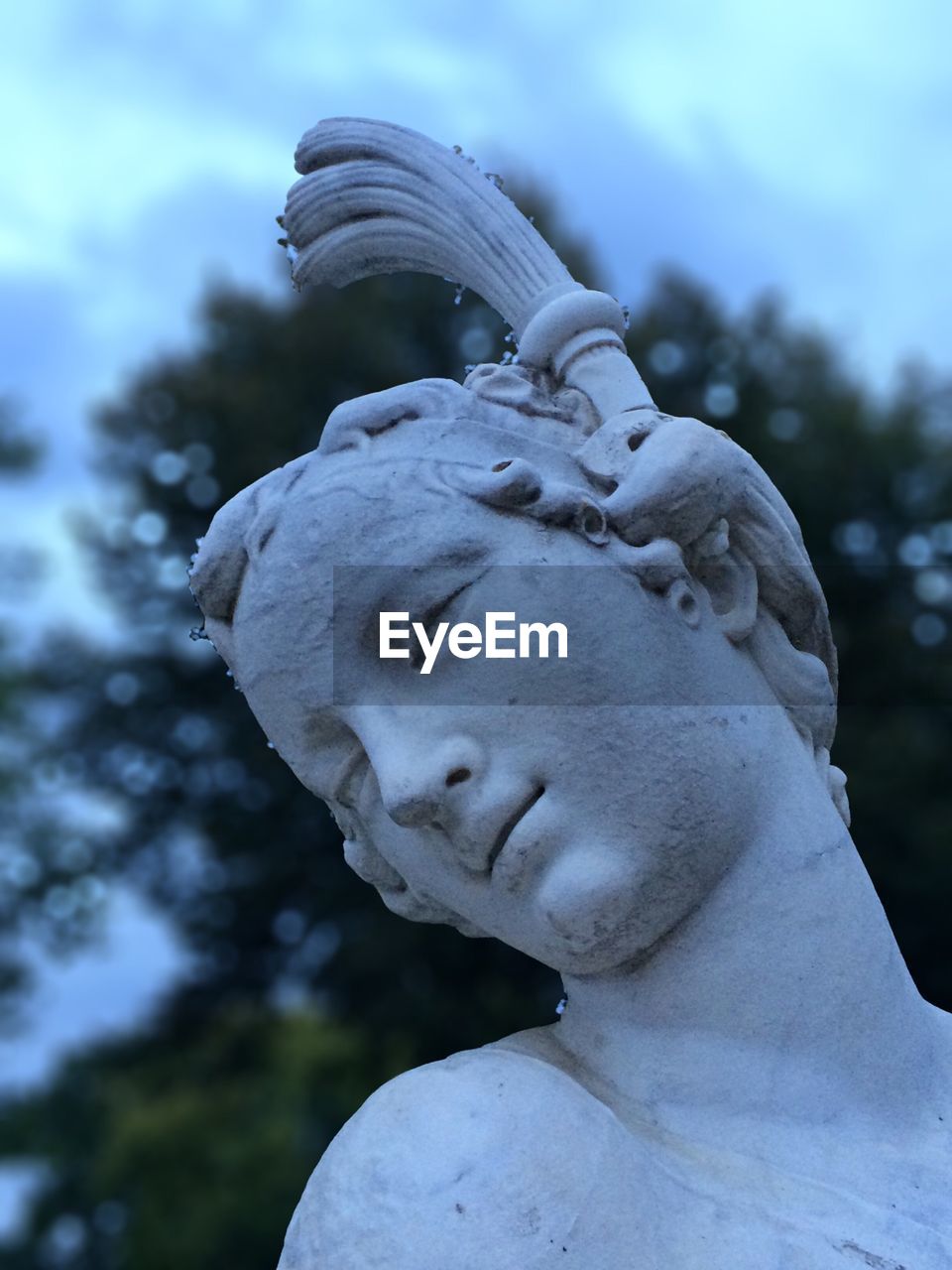 Close-up of statue by tree against sky