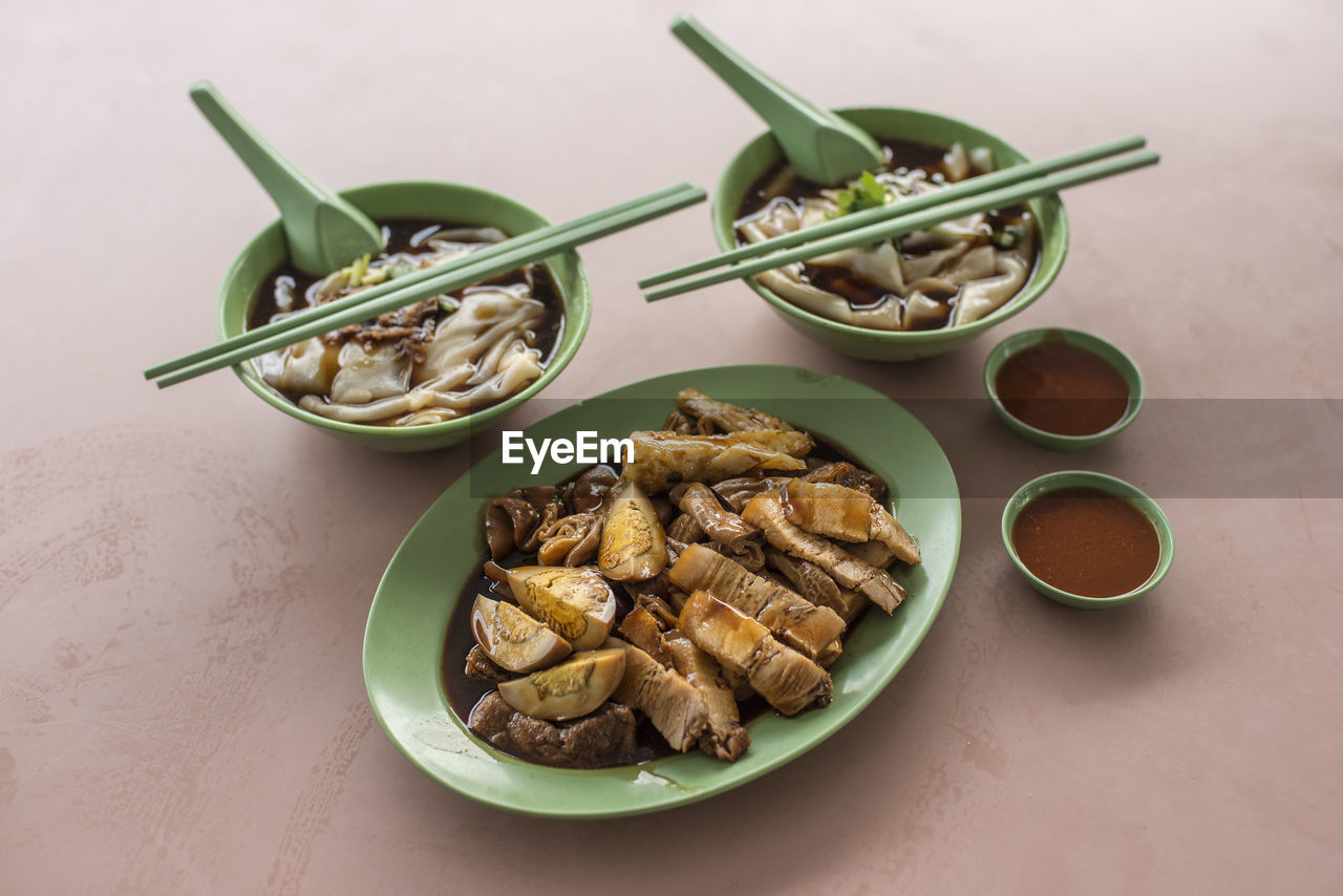 High angle view of food in plate on table