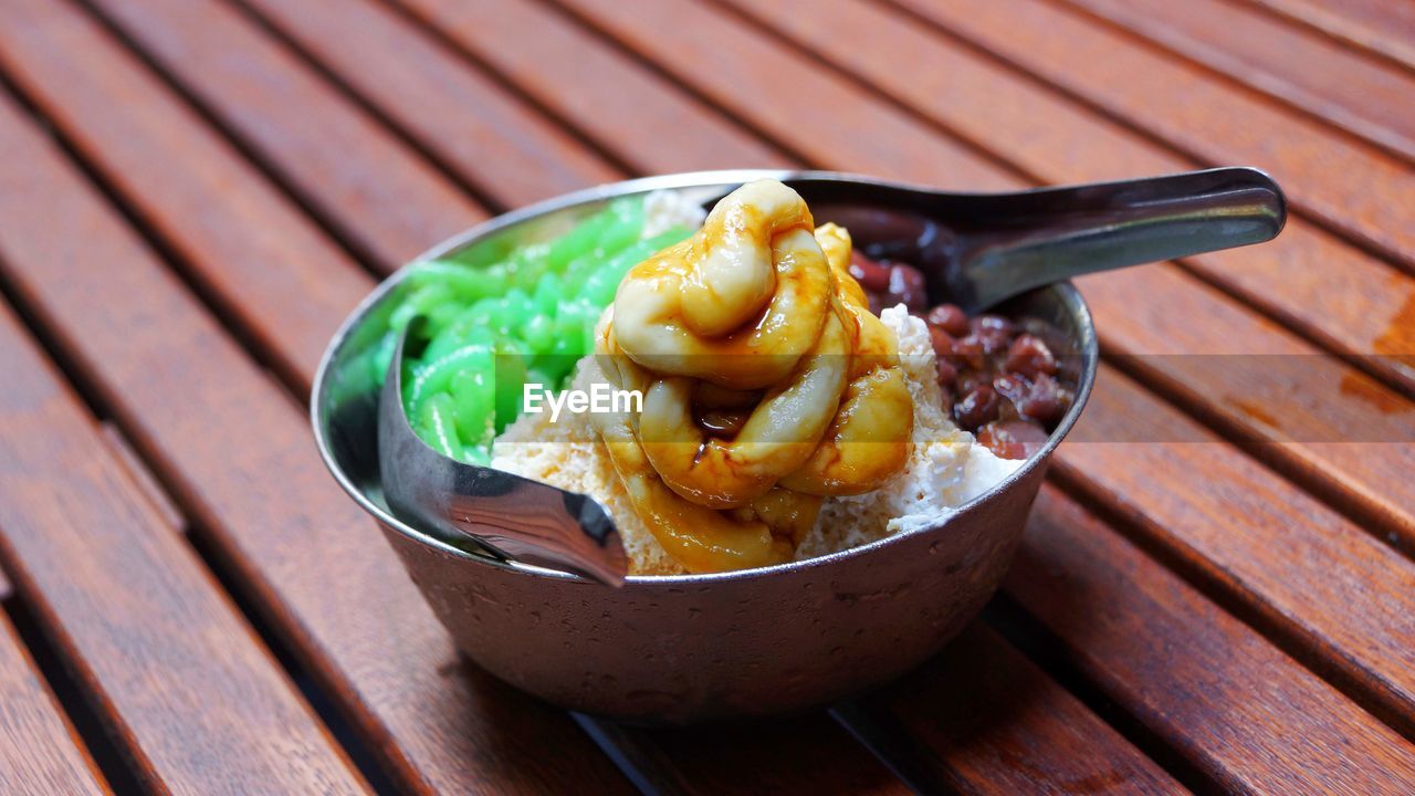 High angle view of dessert in bowl on table