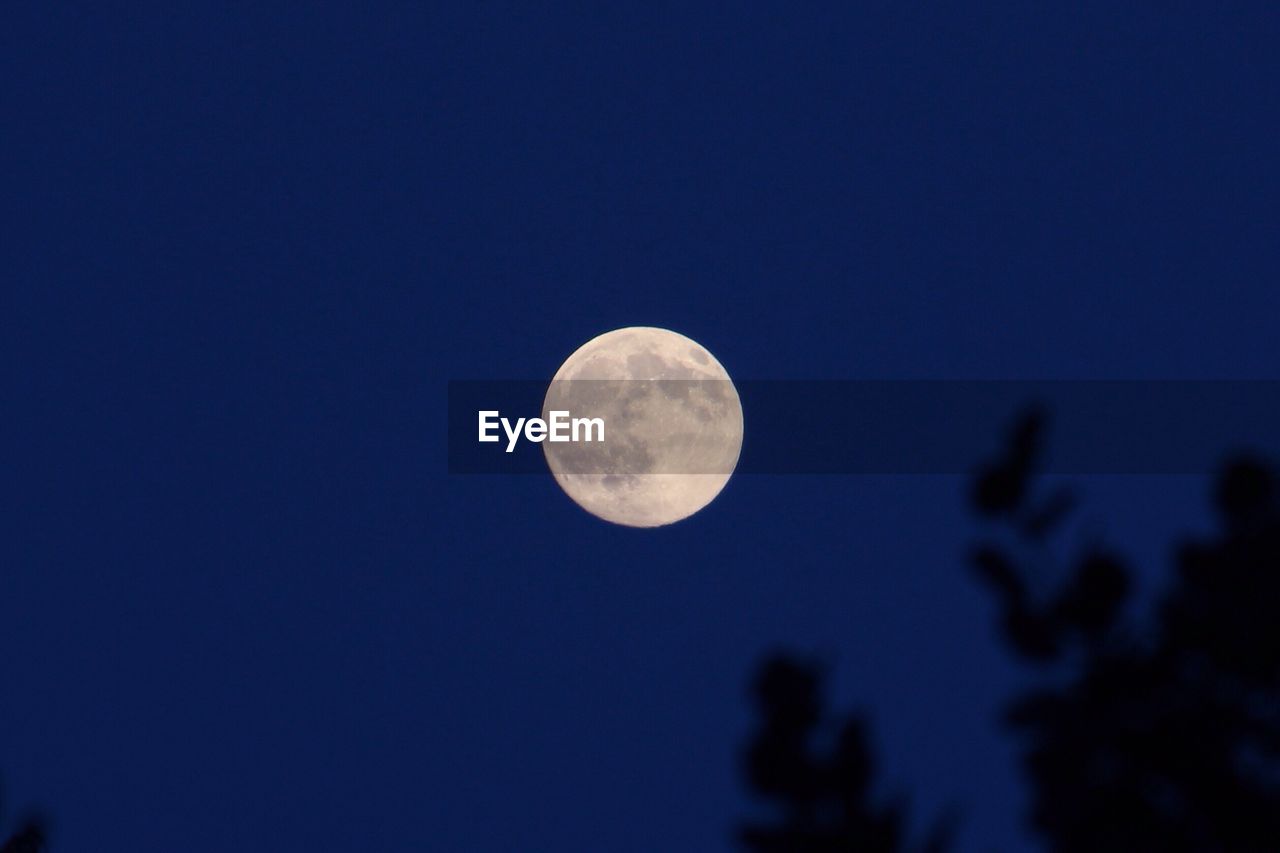 Low angle view of moon against clear blue sky