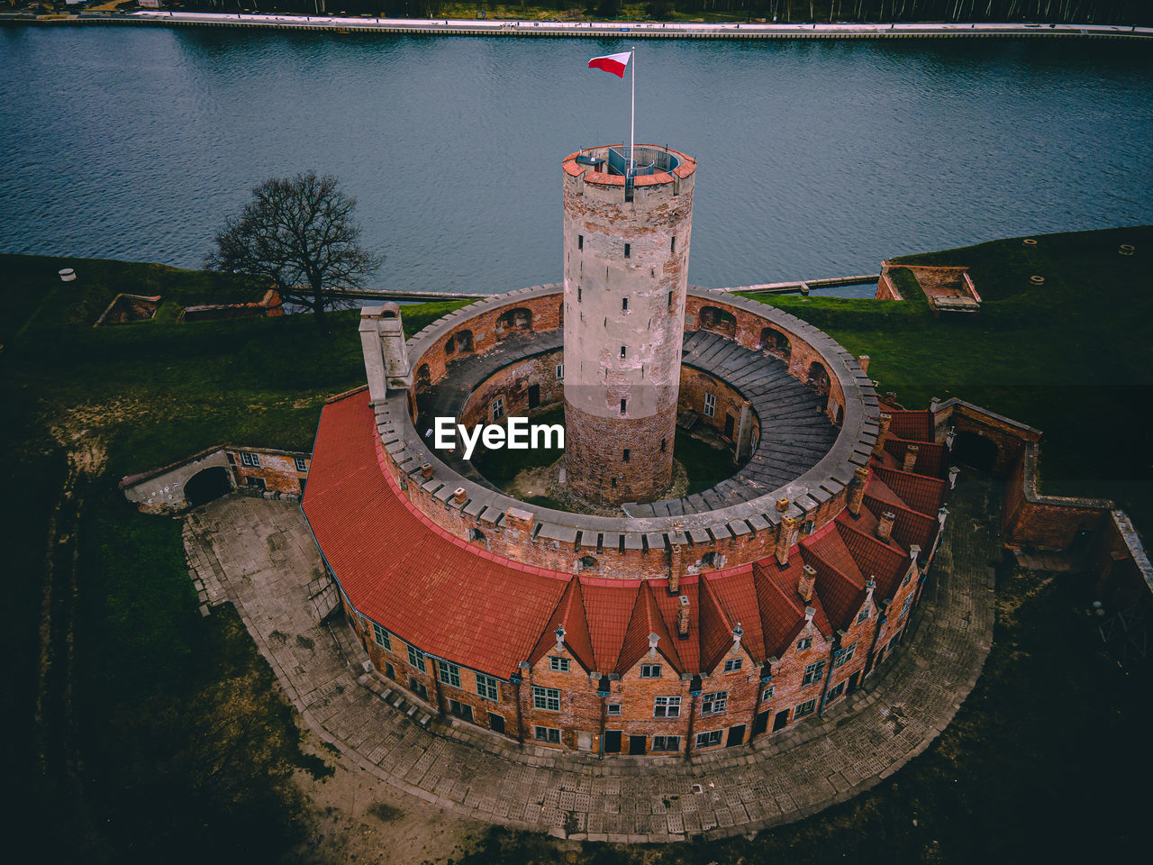 High angle view of building by lake