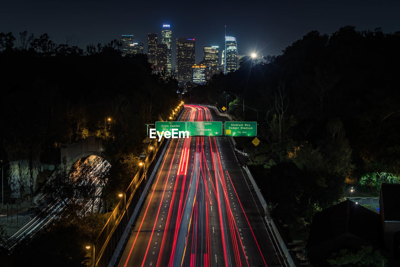 High angle view of light trails on building at night