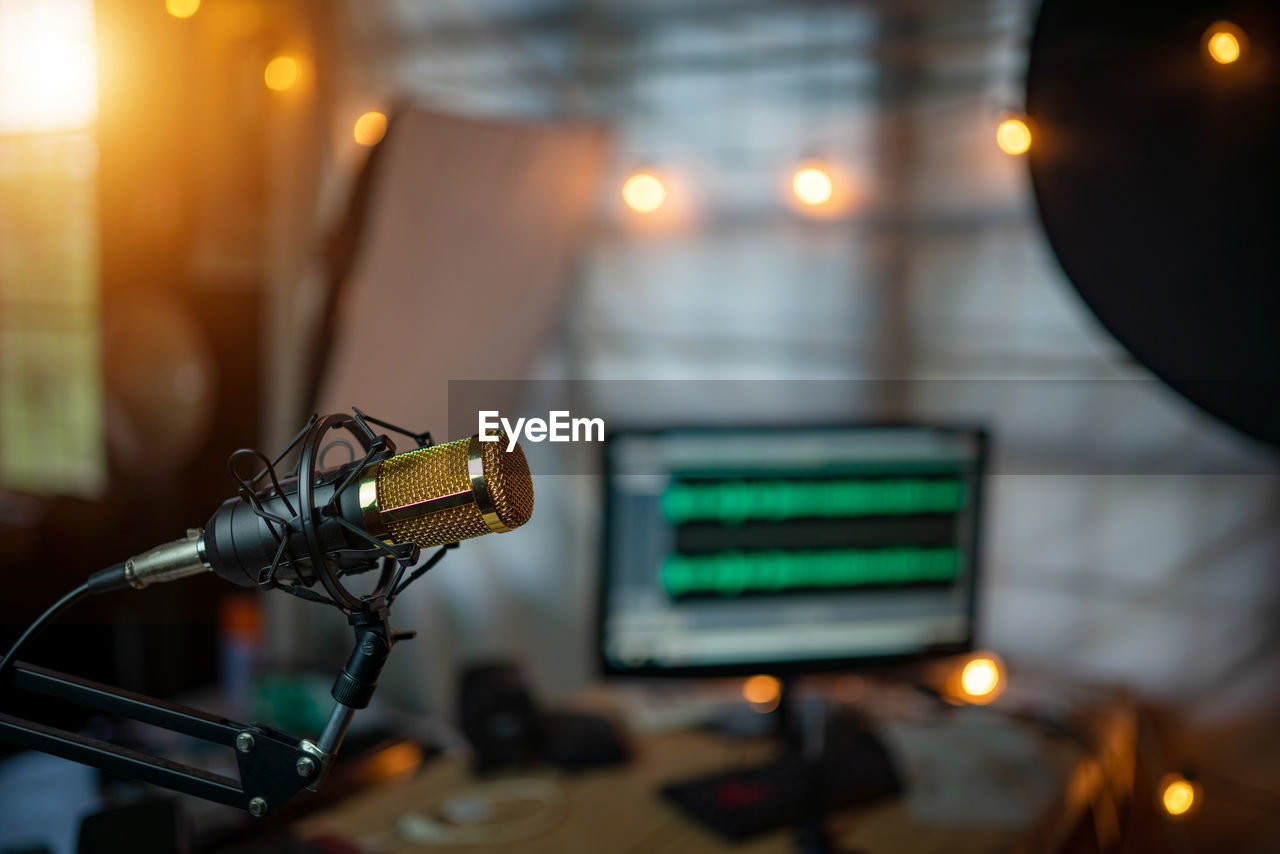 Close-up of microphone in recording studio