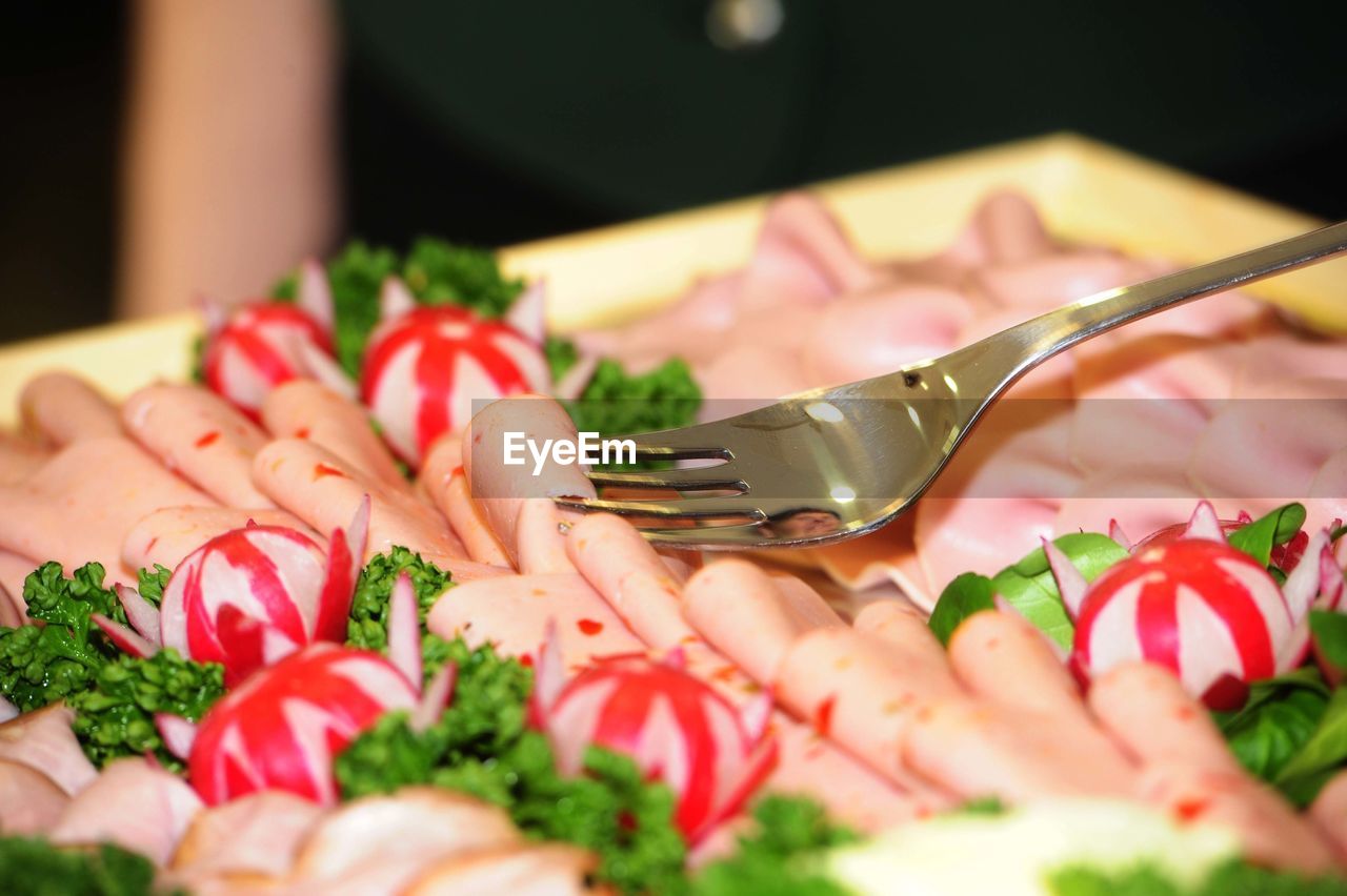 A platter of cold meats as snacks in food catering