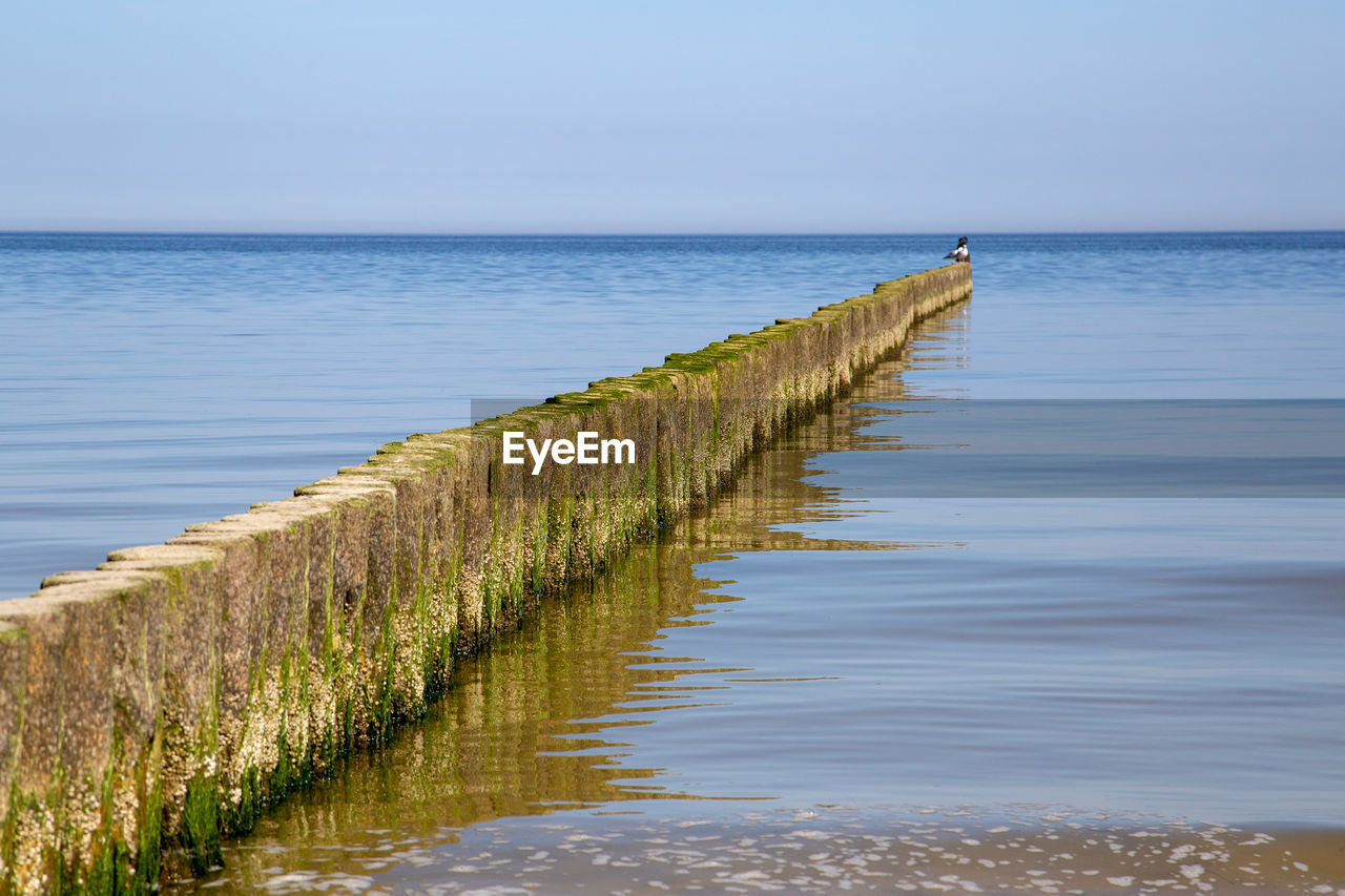 WOODEN POSTS ON SEA AGAINST SKY