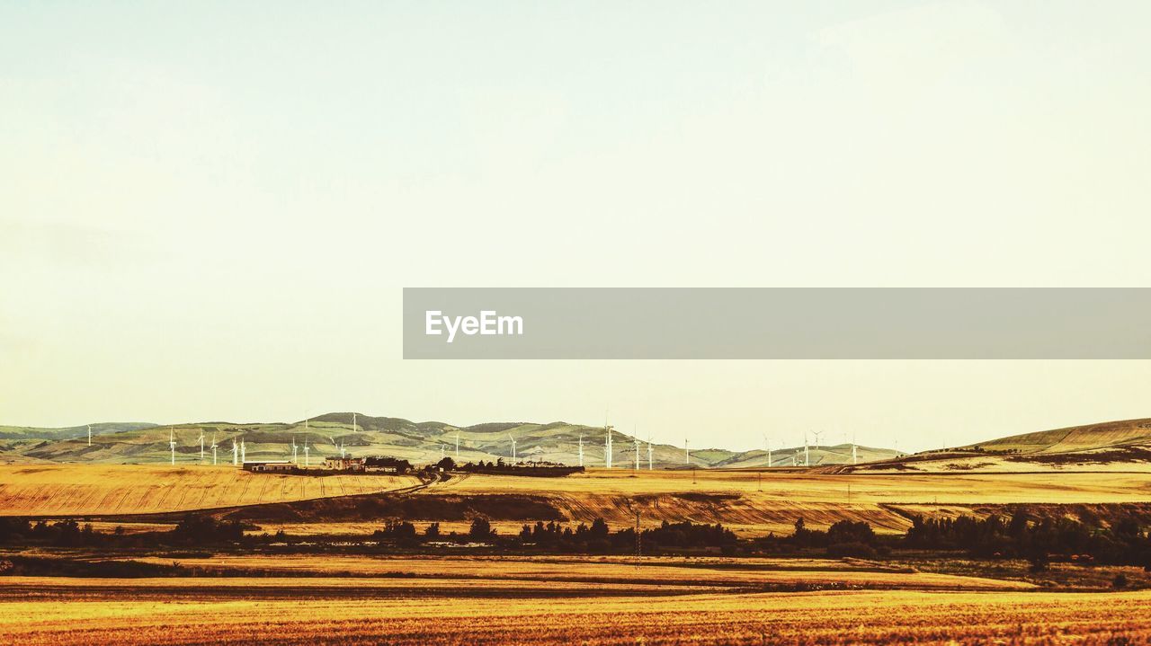 Wind turbines on field against clear sky