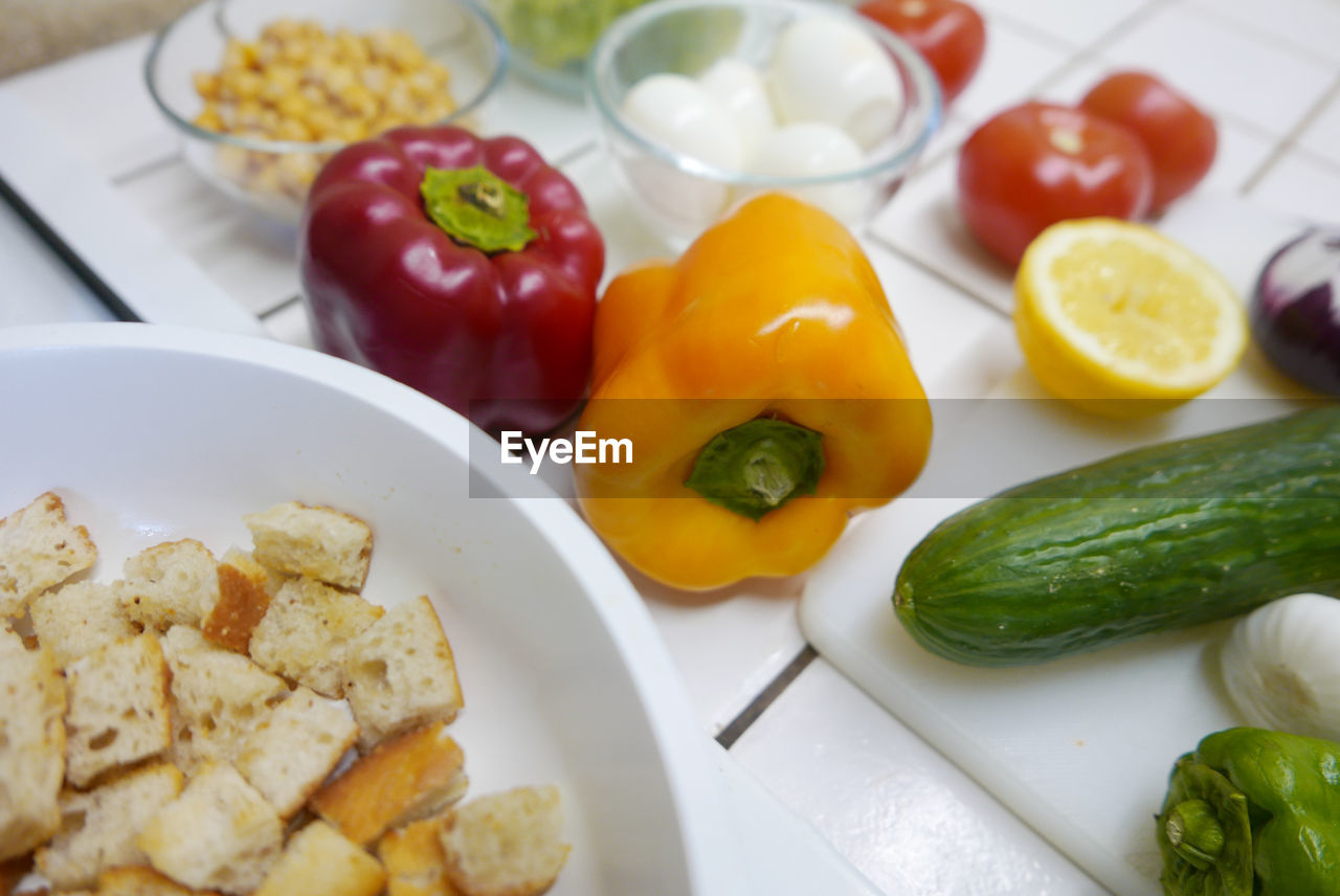 High angle view of ingredients on kitchen counter