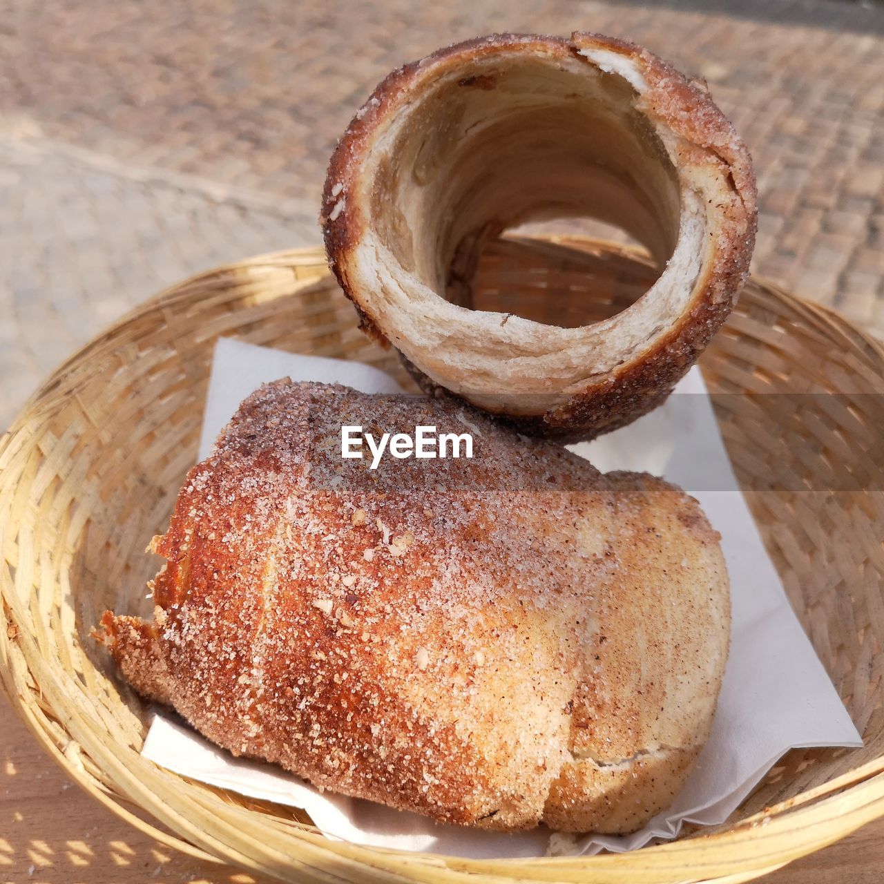 High angle view of pastry in basket on table