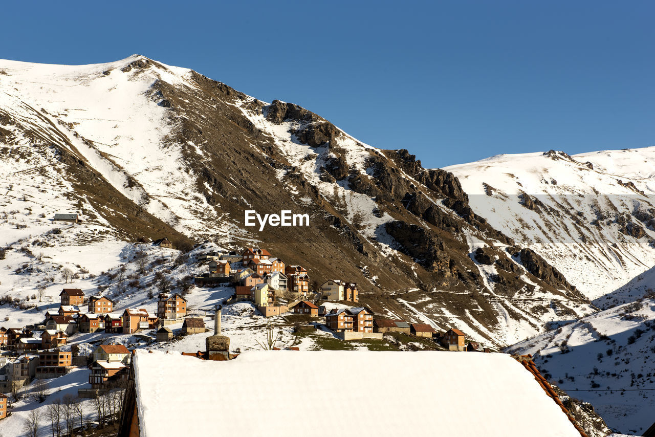 Snow covered mountains against clear sky