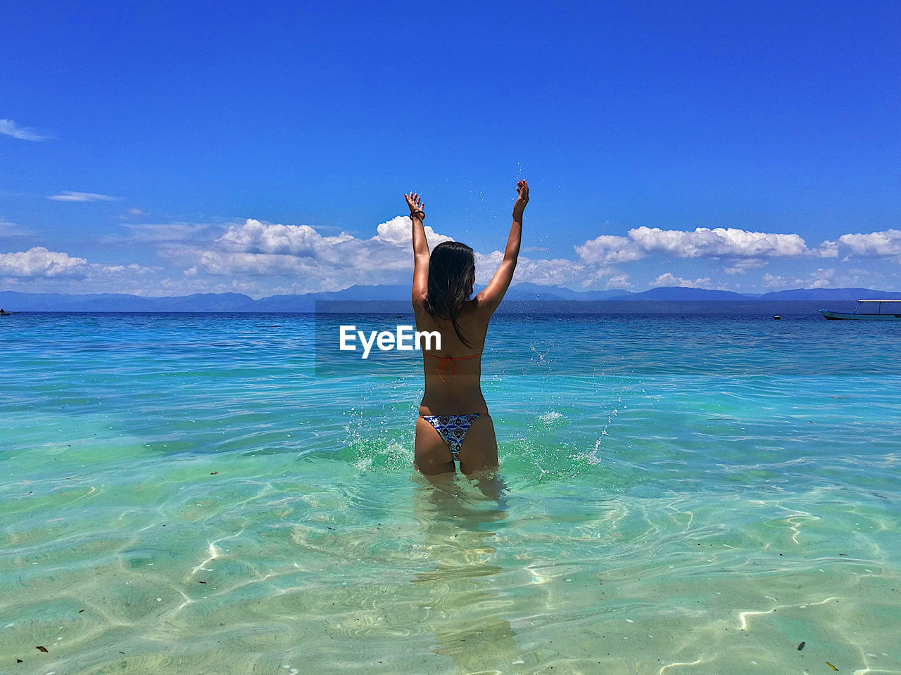 Rear view of woman wearing bikini standing in sea against sky