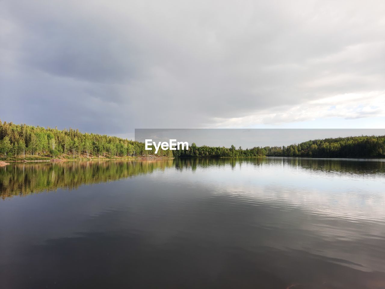 REFLECTION OF TREES IN LAKE AGAINST SKY