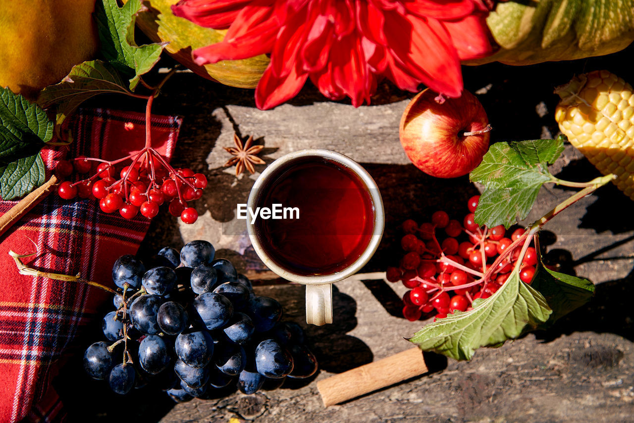 Rustic cozy still life cup of tea, fruits, vegetables, viburnum, hazelnuts, star anise, cinnamon 