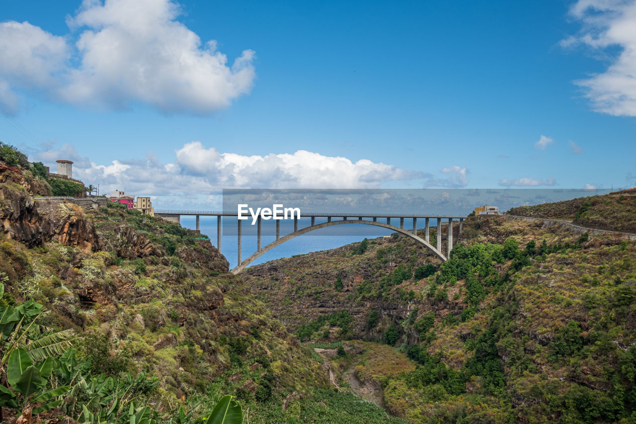 A bridge at the end of a gorge in front of the sea and blue sky