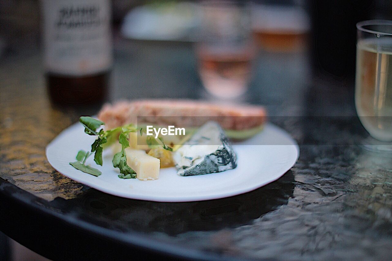 High angle view of food served in plate on table