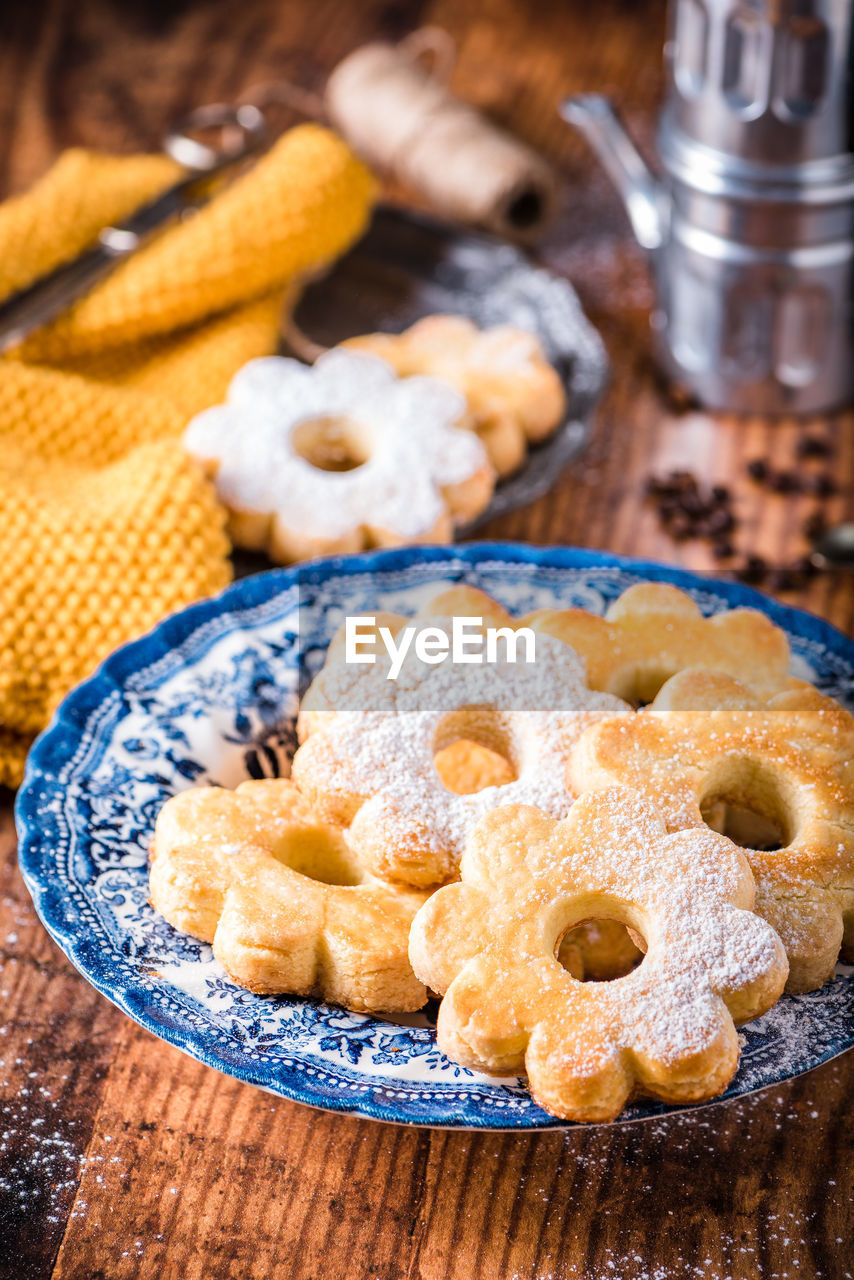 High angle view of cookies in plate on table