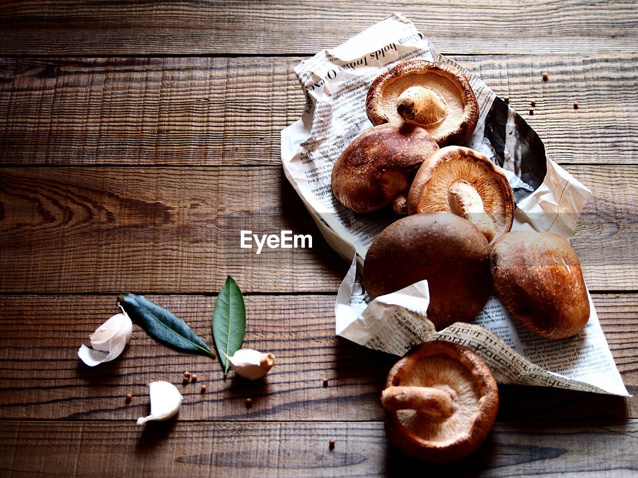 High angle view of mushrooms on table