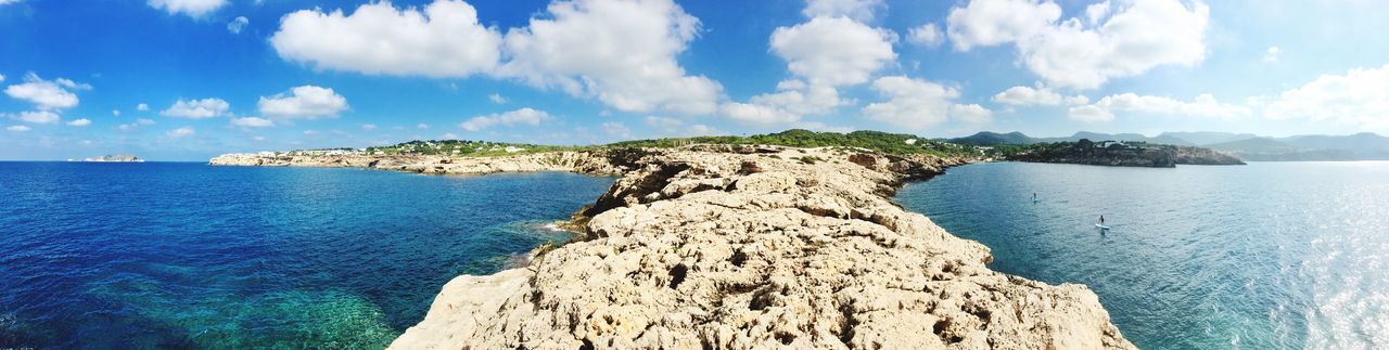 Panoramic view of sea against blue sky