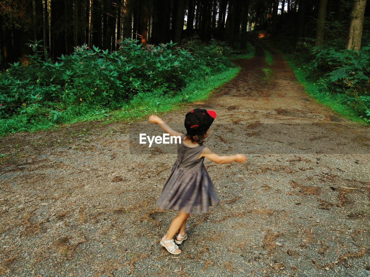 High angle view of girl running on pathway amidst trees at forest