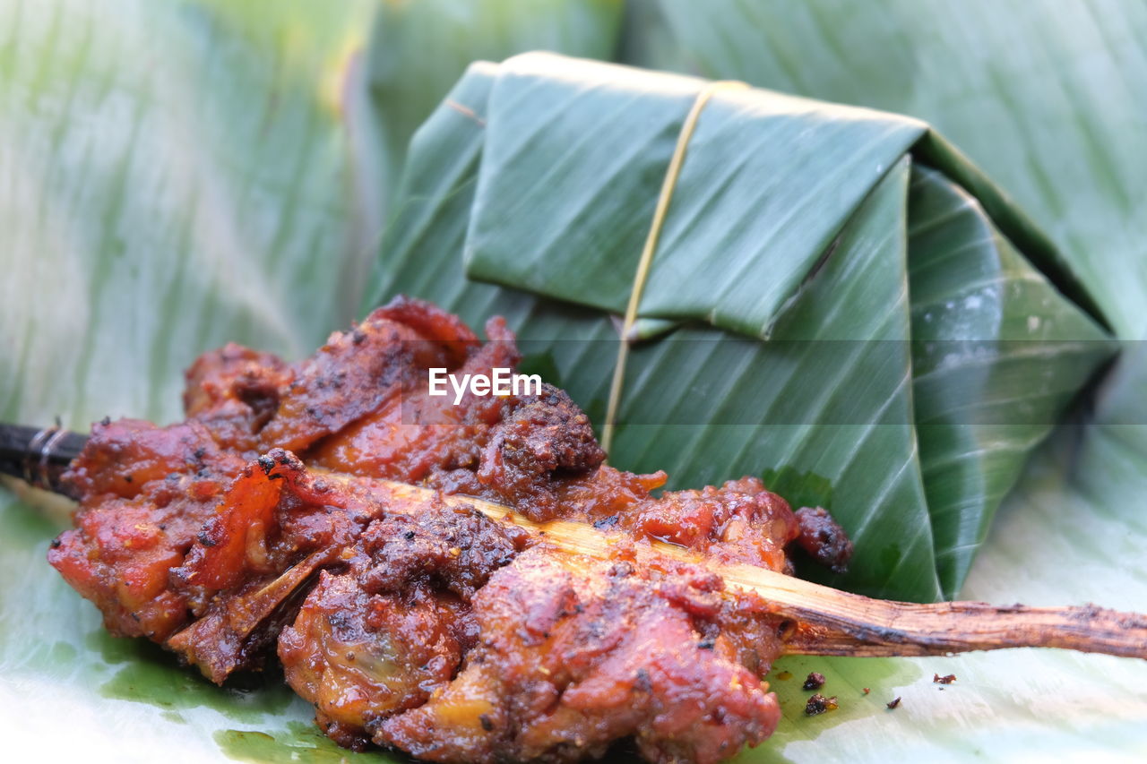 CLOSE-UP OF MEAT ON LEAF