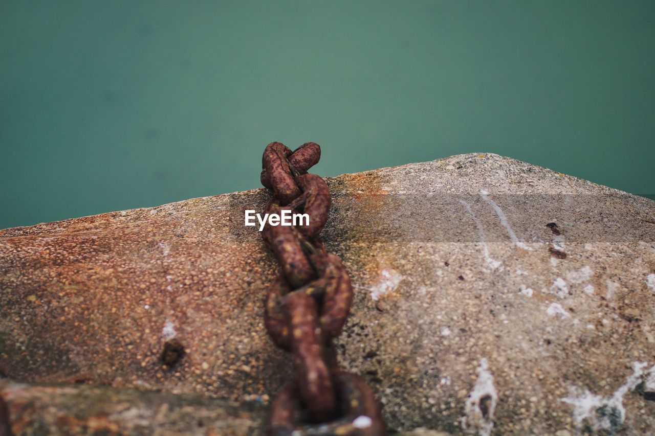 Close-up of rusty metal chain on rock by water