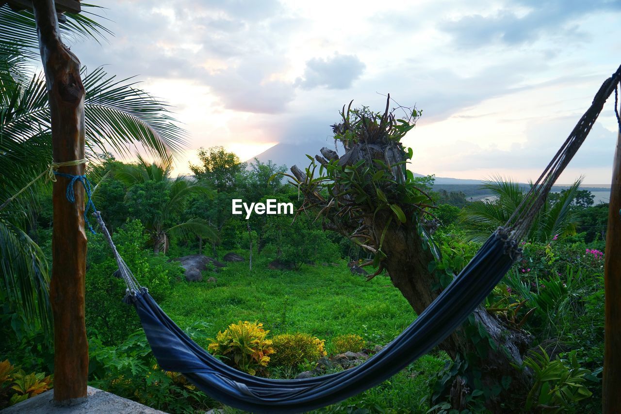 Hammock setting surrounded by luxurious nature with a volcano view 