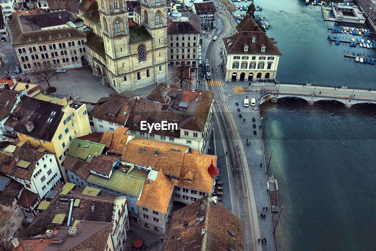 High angle view of buildings and canal in city