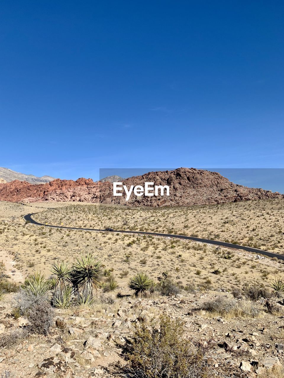 Scenic view of road through desert against clear blue sky. red rock canyon, nevada 