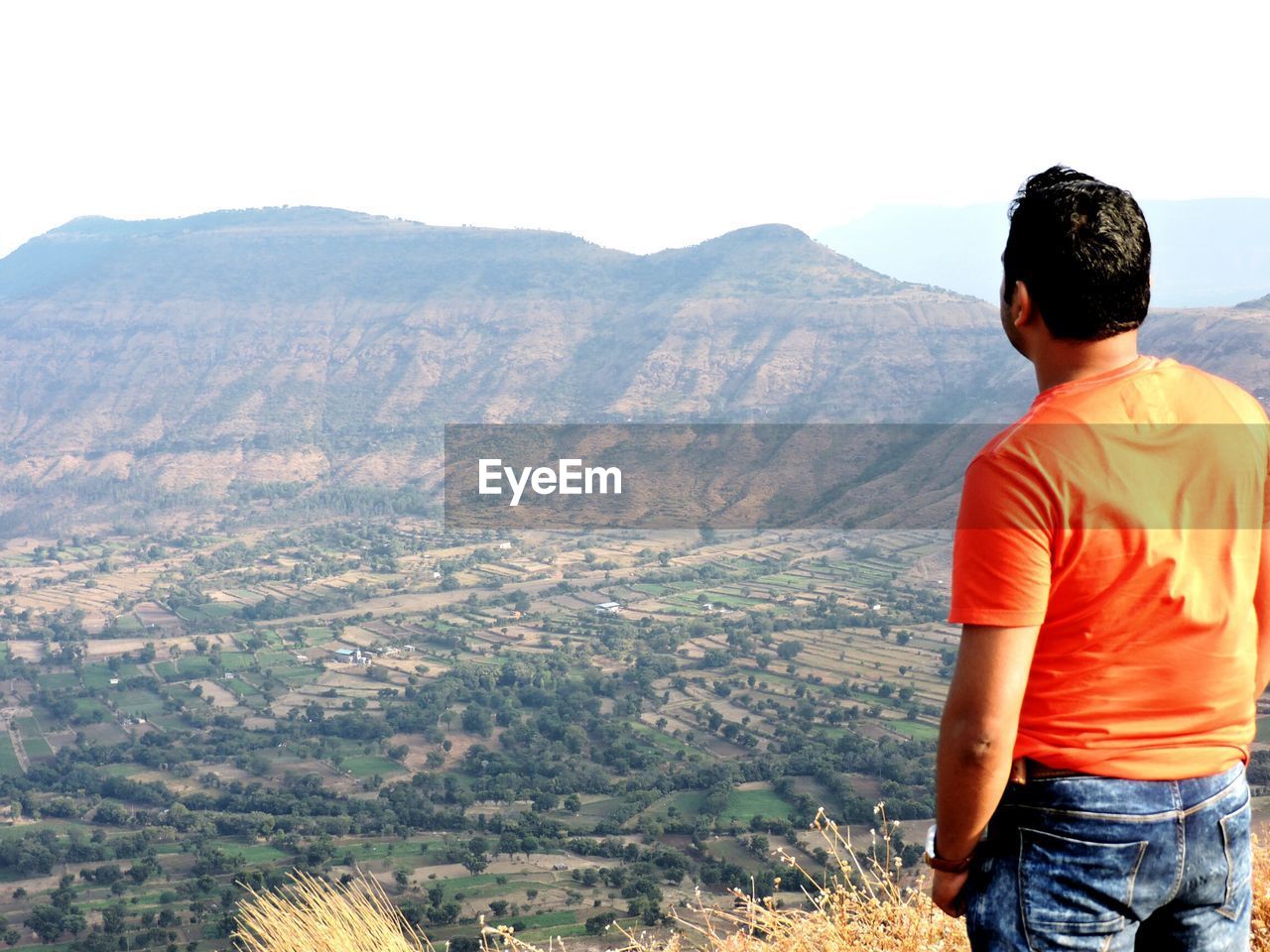 Rear view of man standing on mountain against landscape