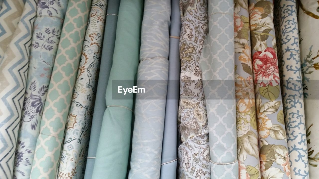 Full frame shot of patterned fabrics at shop