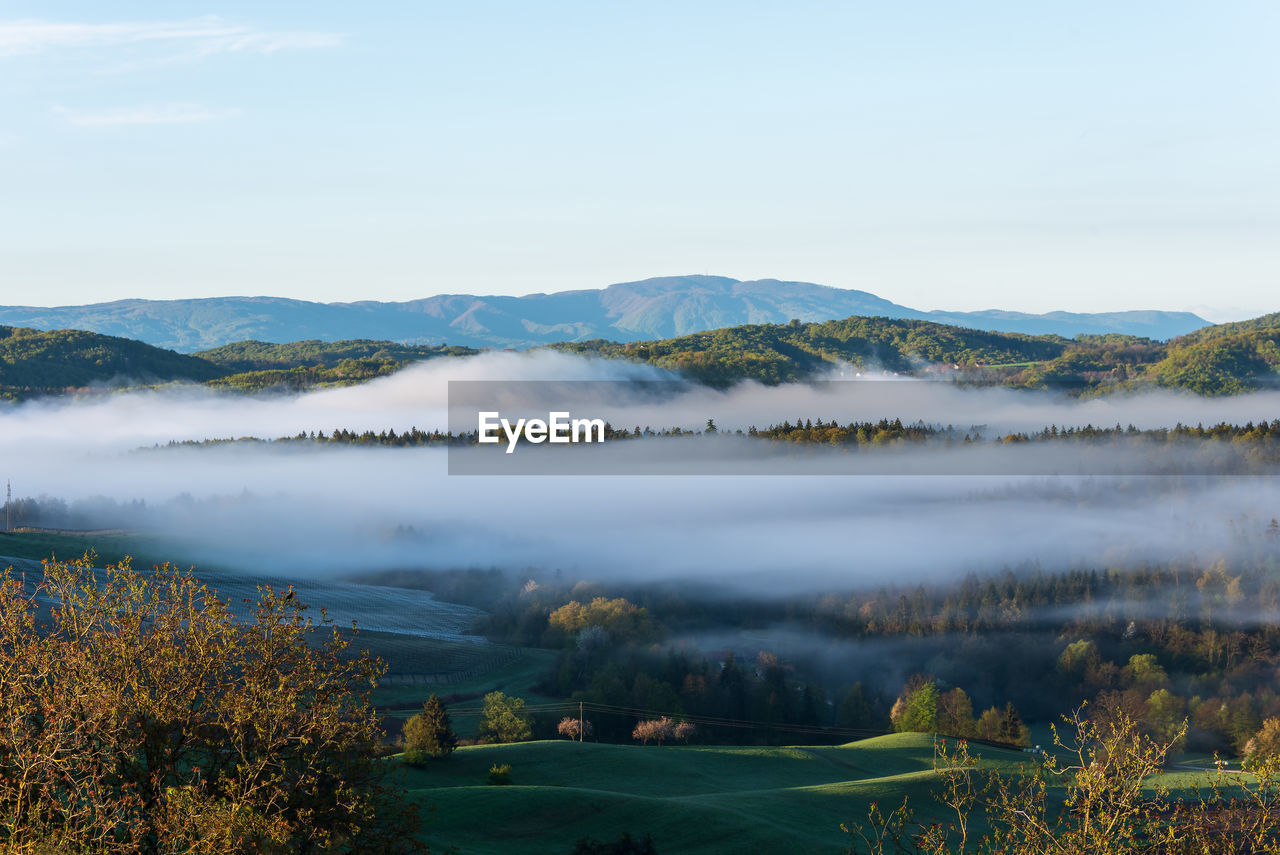 Foggy view on the valley in the julian alps in slovenia