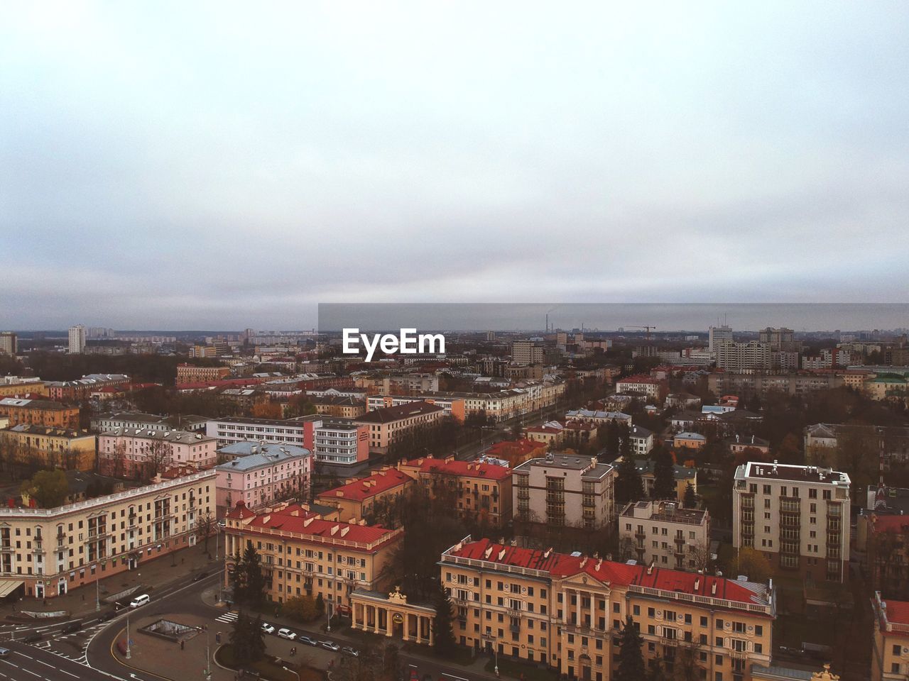 High angle view of buildings against sky in city