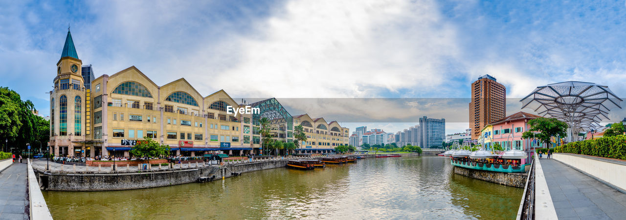 PANORAMIC VIEW OF BUILDINGS BY RIVER AGAINST SKY