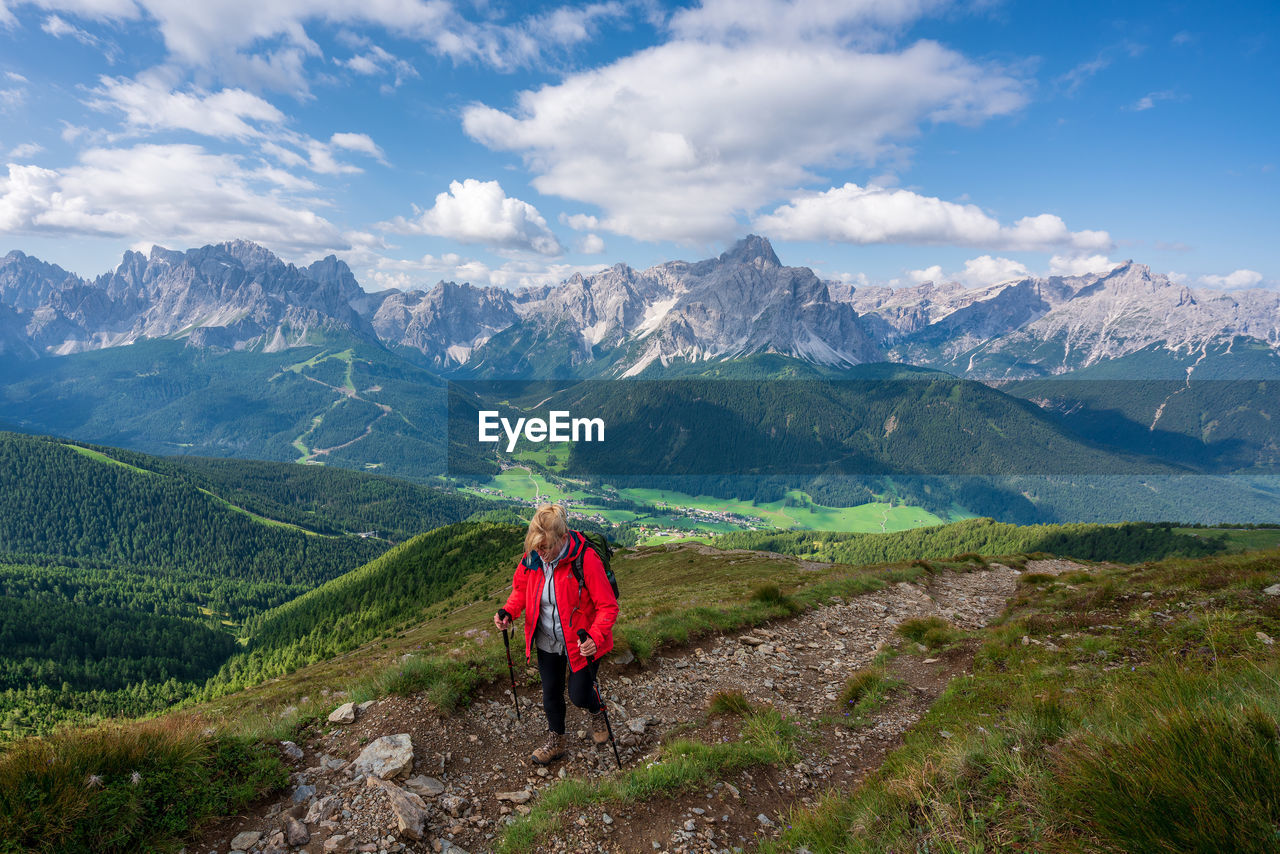 Panoramic view on dolomites, hiking in the mountains