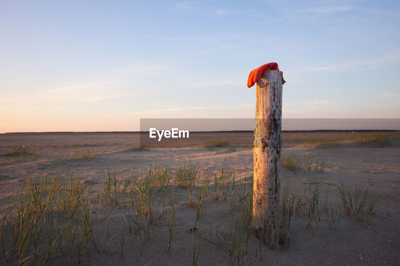 Wooden post with glove on beach against sky during sunset