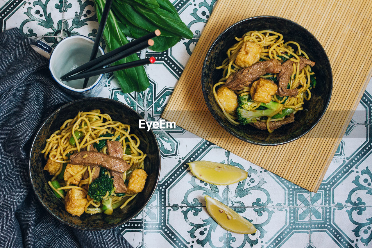 High angle view of meal served on table