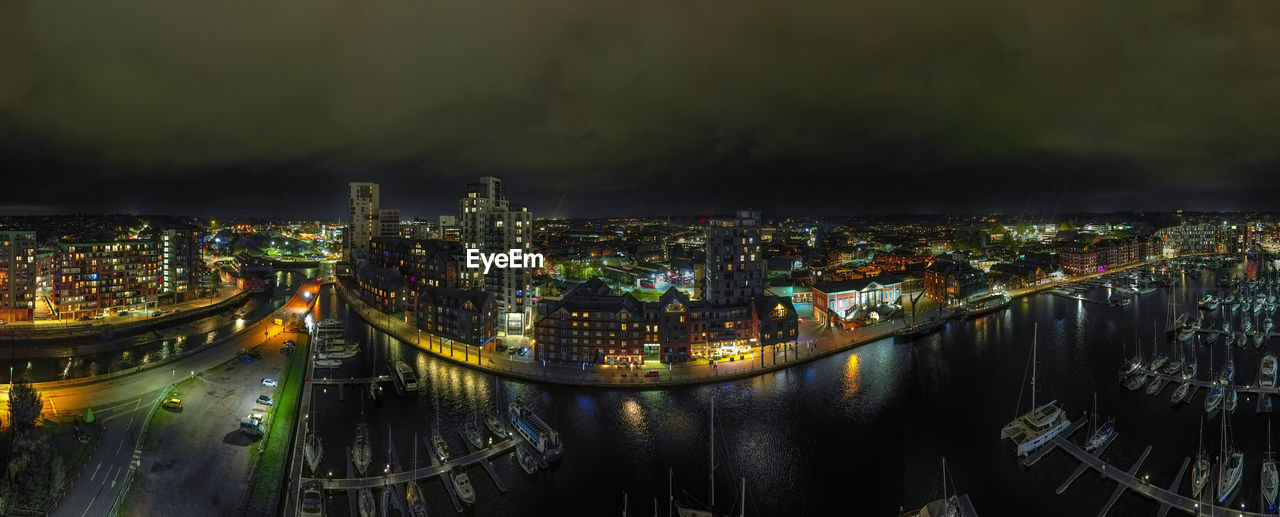 An aerial photo of the wet dock in ipswich, suffolk, uk at night