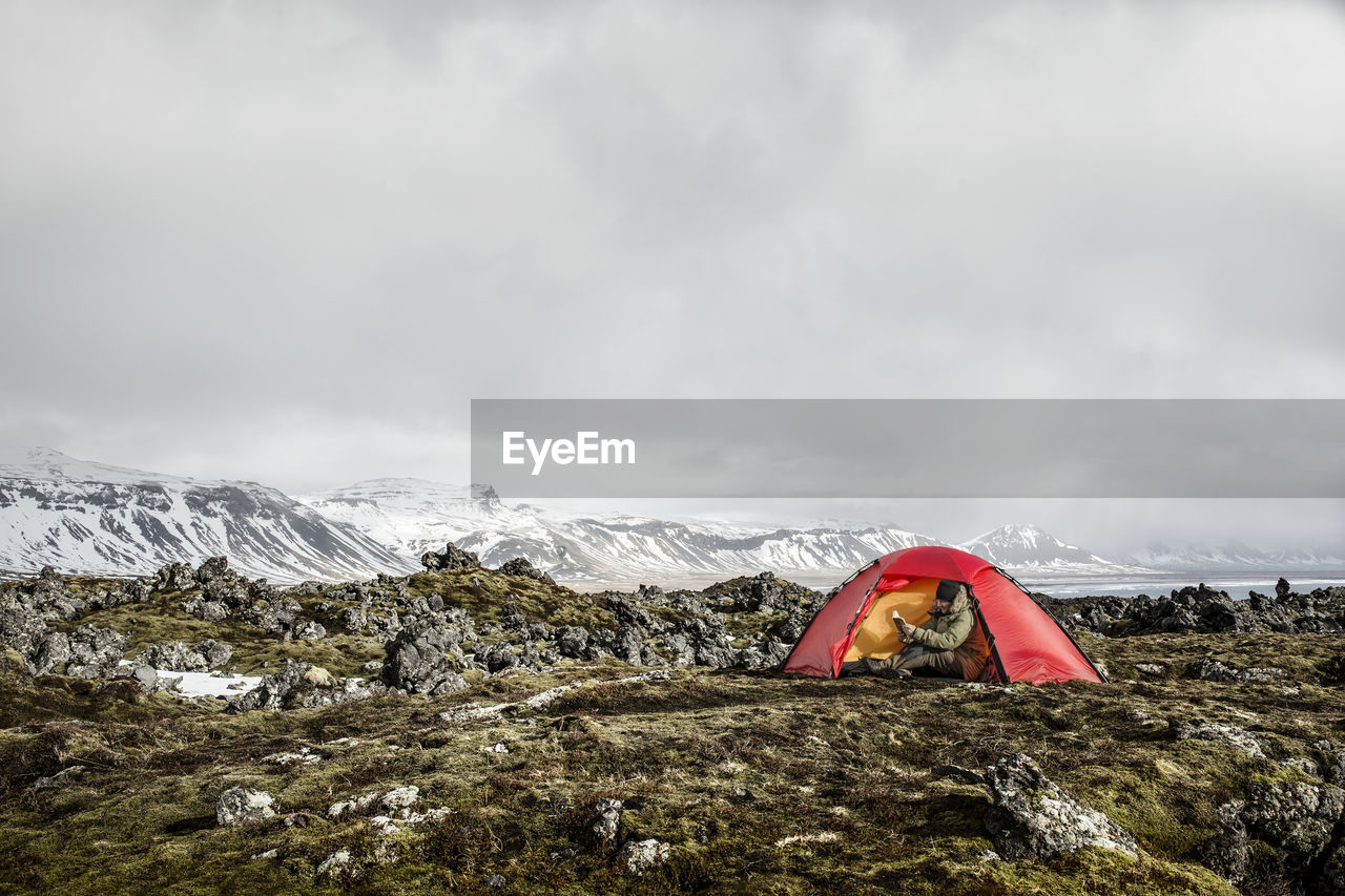 Hiker in tent