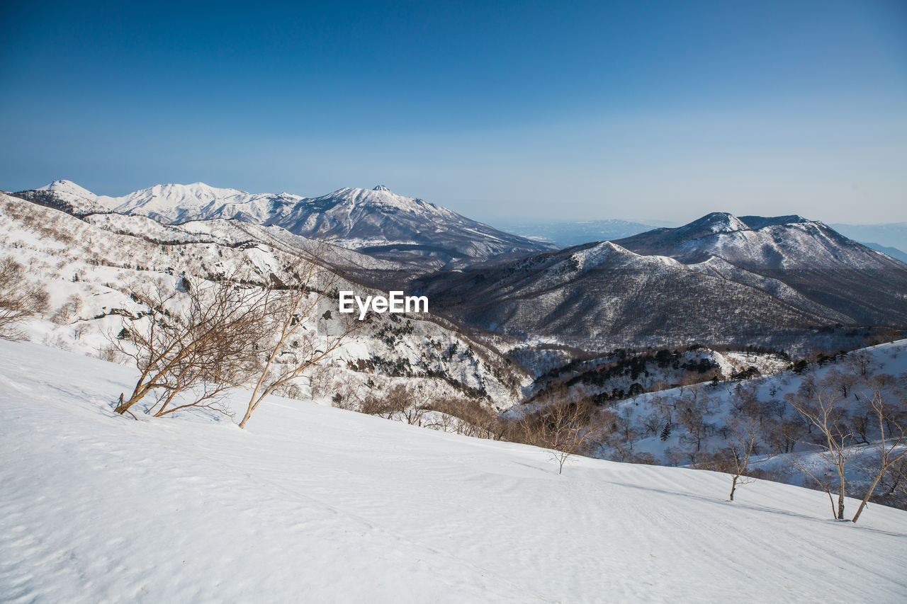 Scenic view of snow covered mountains against sky