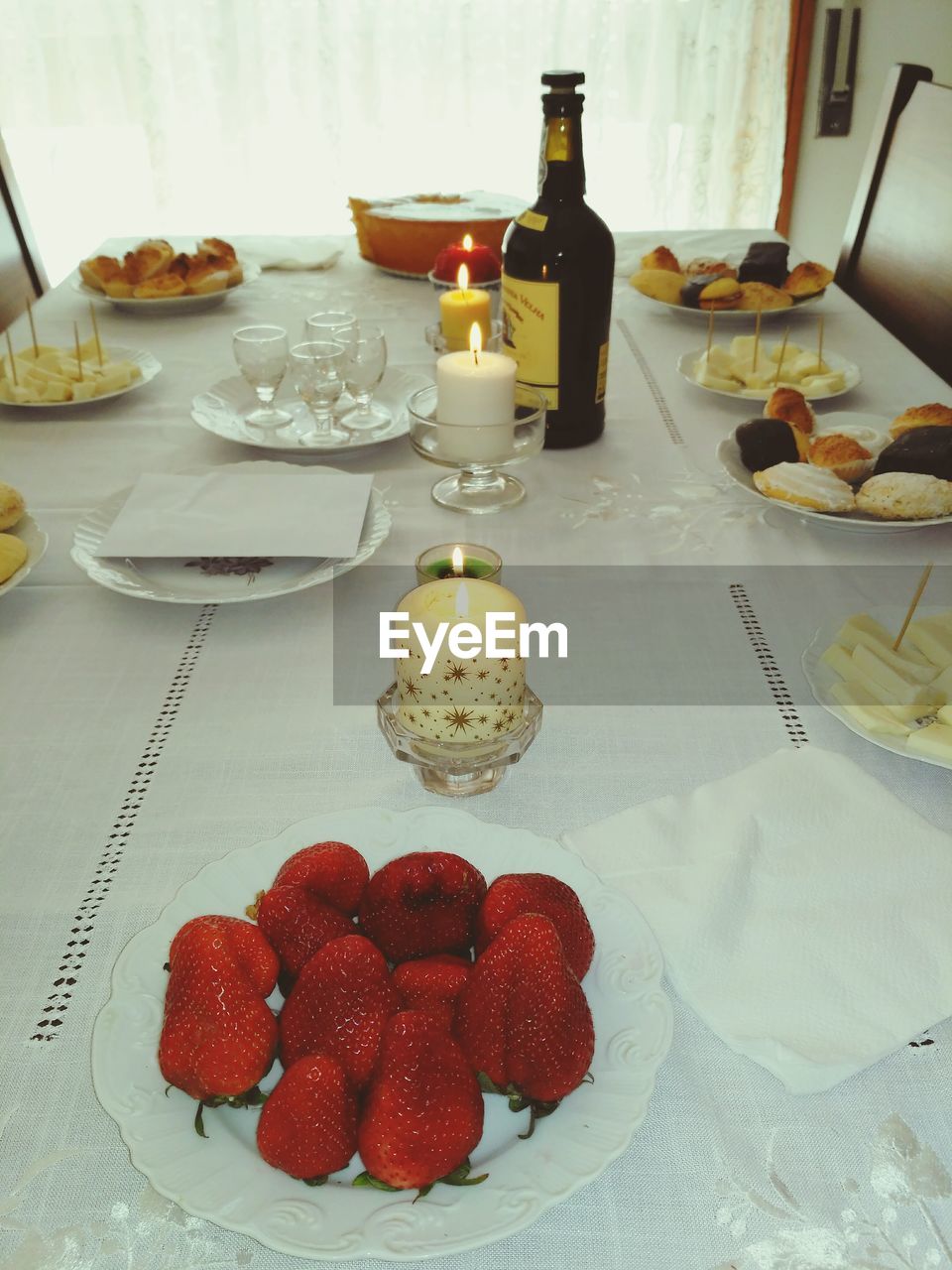 High angle view of food served on dining table