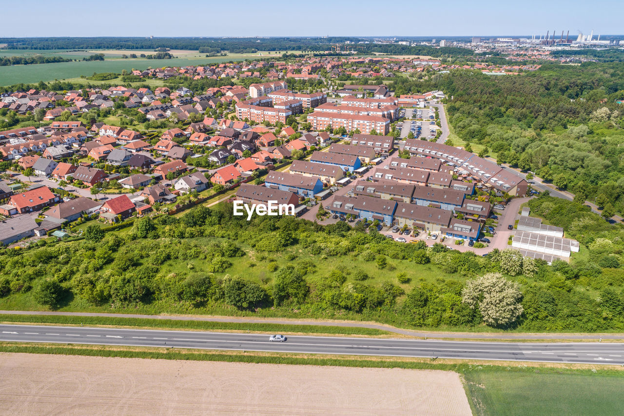 Aerial view of a suburb on the outskirts of wolfsburg in germany
