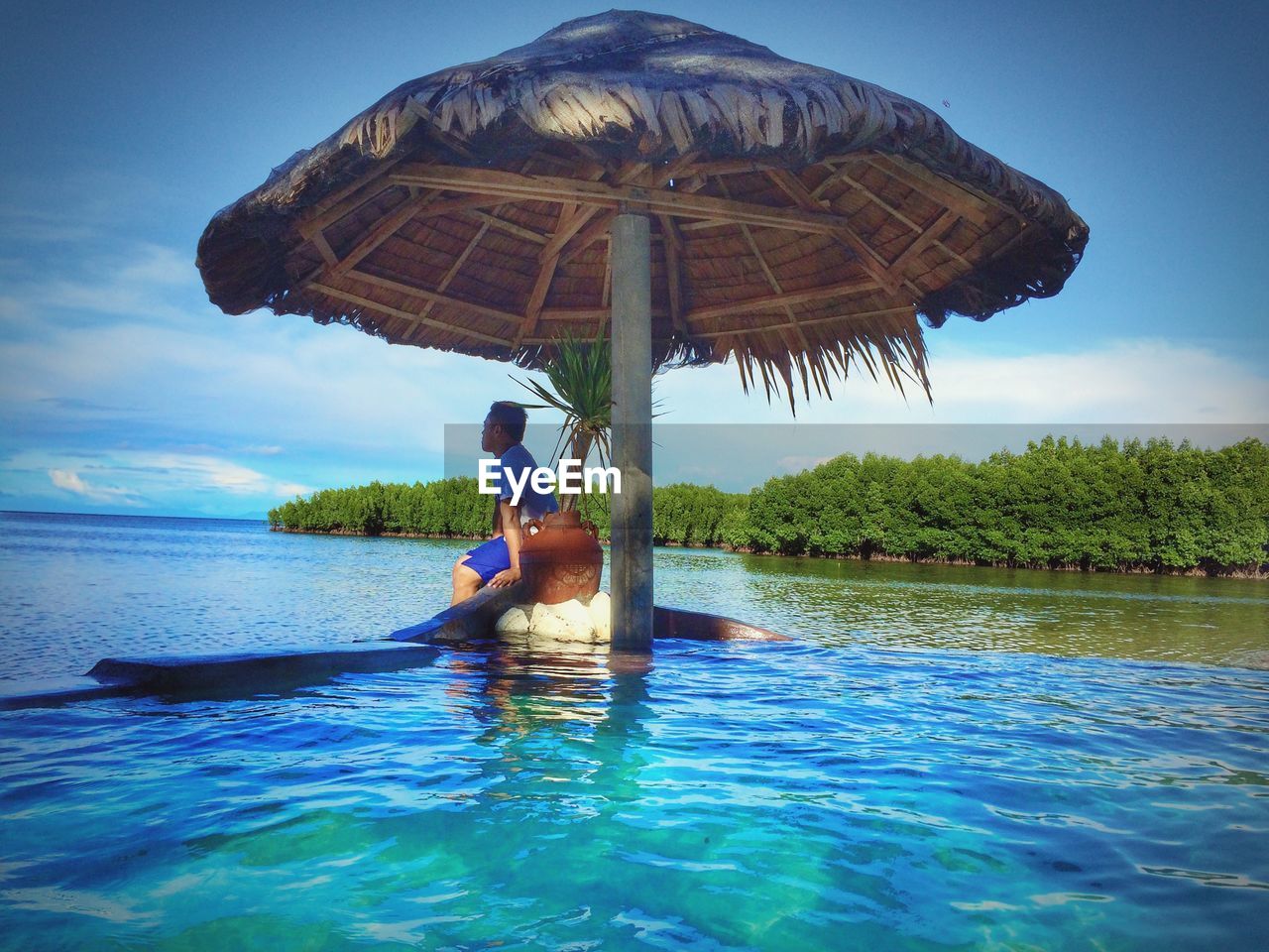 Side view of man sitting under parasol in lake