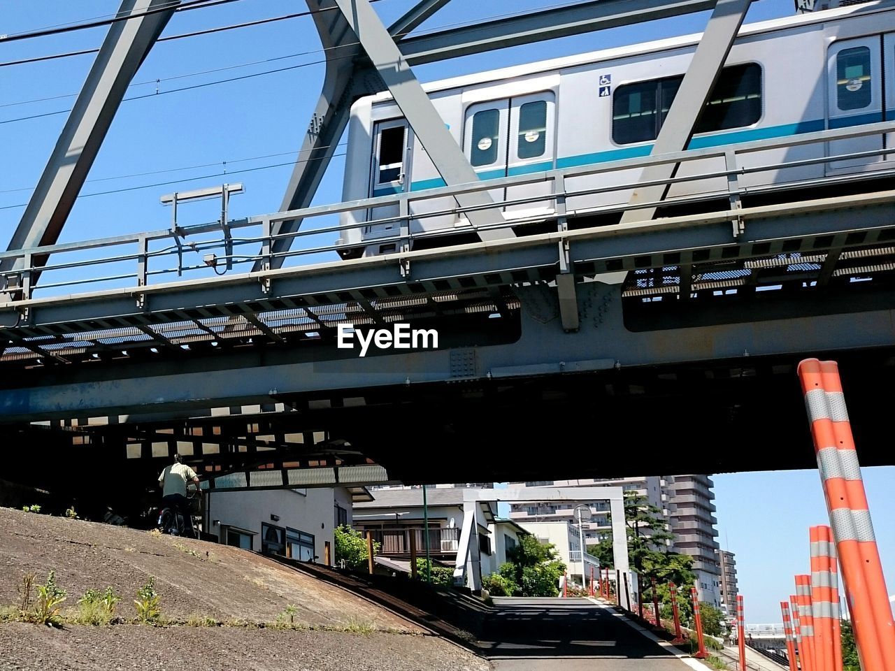 Low angle view of train on railway bridge