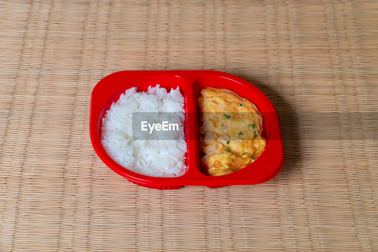 food and drink, food, freshness, jasmine rice, dish, healthy eating, wellbeing, directly above, meal, no people, high angle view, cuisine, table, produce, white rice, red, indoors, breakfast, asian food, rice - food staple, vegetable, still life, wood, plate, bowl