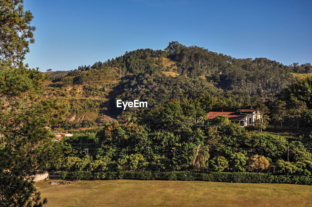 Overview of hills with woods and house in the sunrise, near monte alegre do sul, brazil.