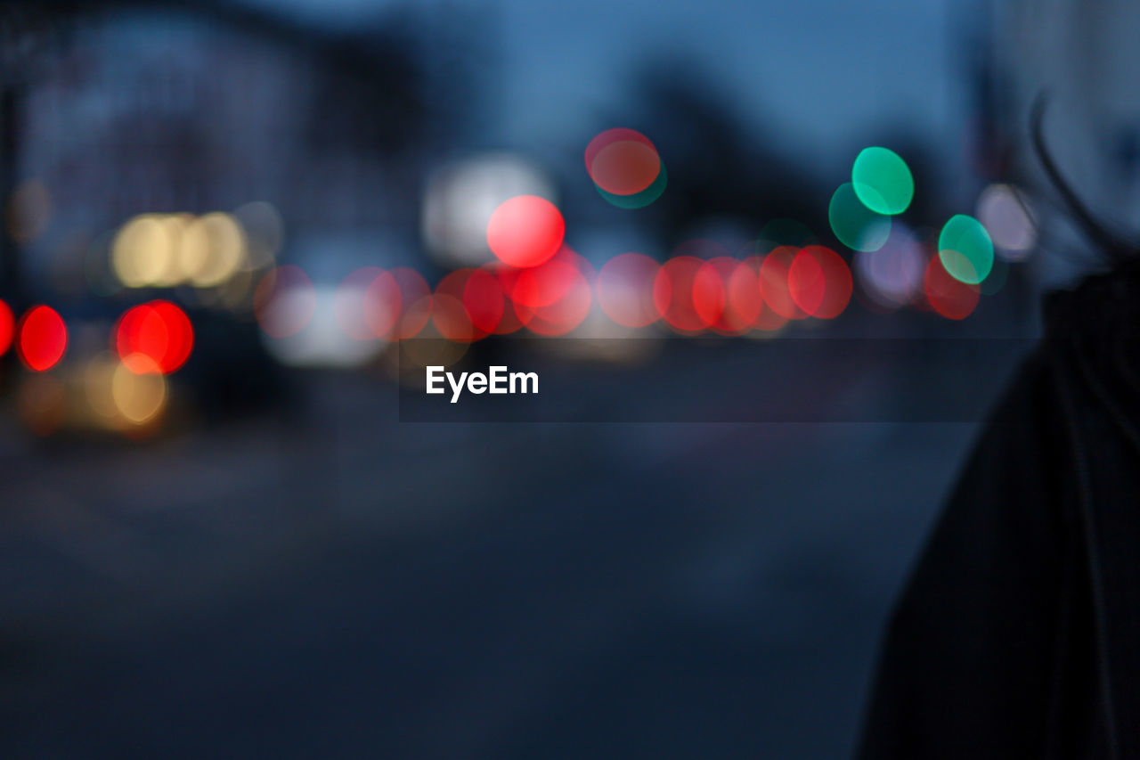 Defocused lights on road at night