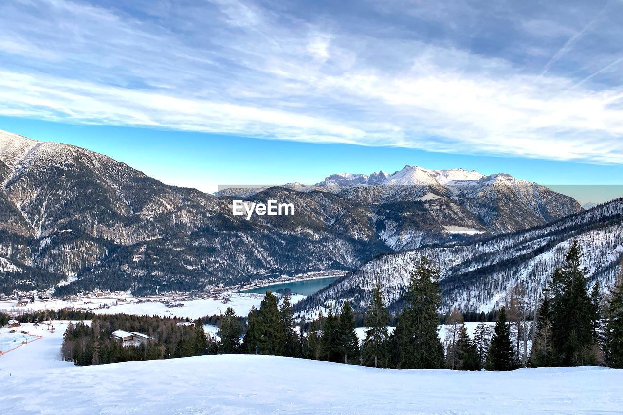Scenic view over achensee in winter
