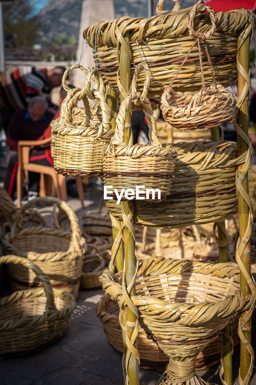 Wicker baskets for sale at market stall