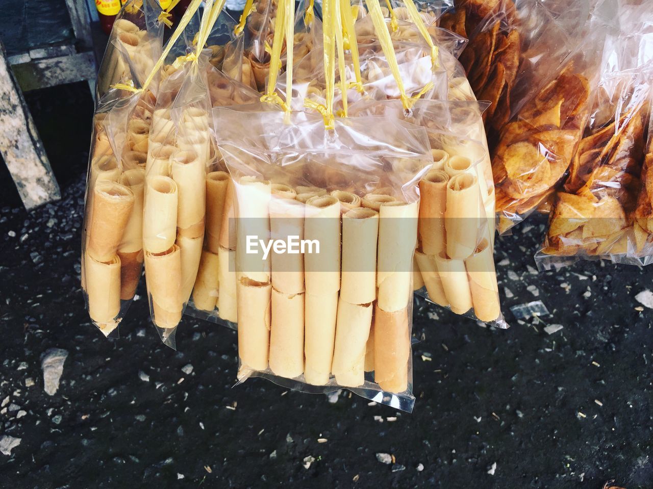 High angle view of snacks in plastic bag for sale