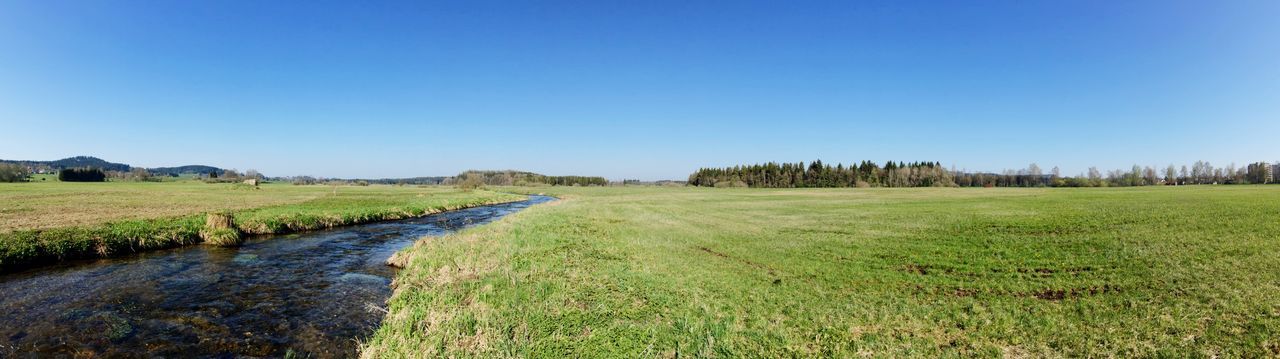 Panoramic view of stream amidst grassy field against clear blue sky