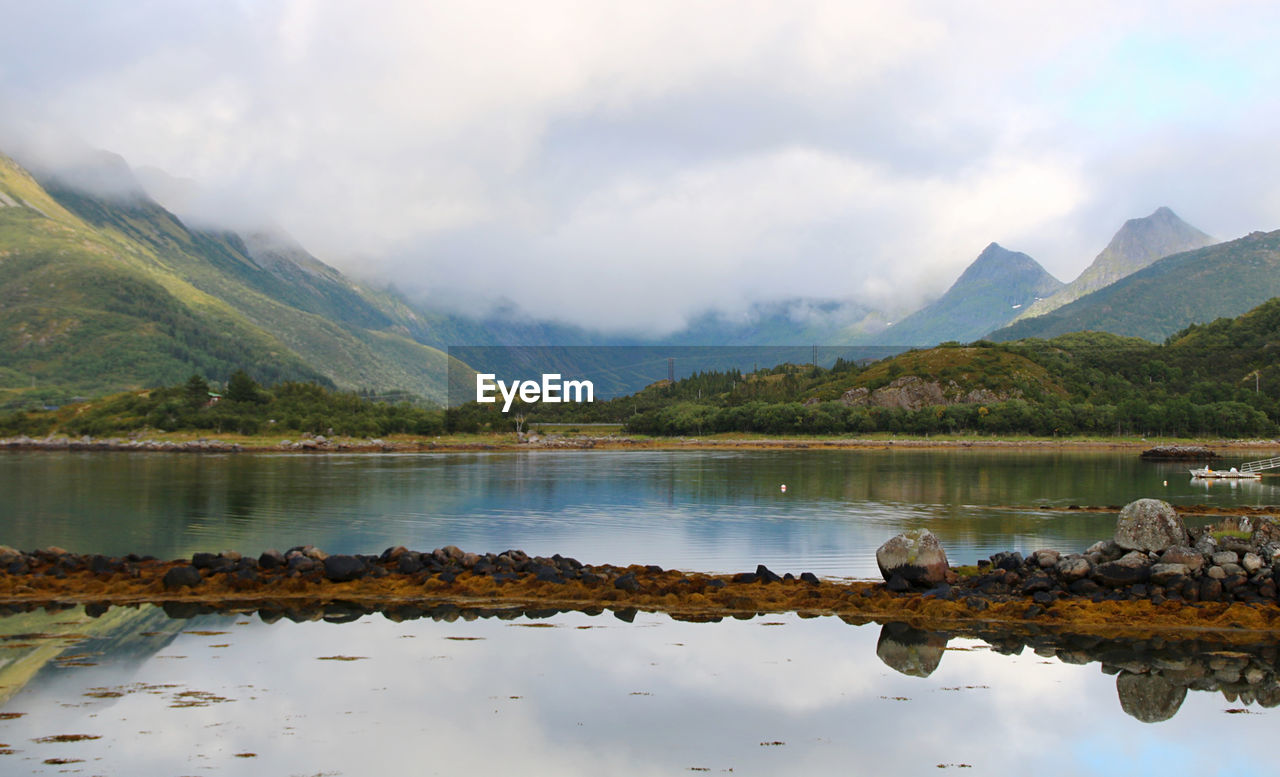 Scenic view of lake and mountains against sky